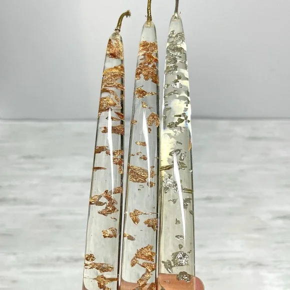 Set Of 3 Vintage Mid Century Lucite Taper Candles Metallic Copper Silver Flakes - Picture 8 of 9